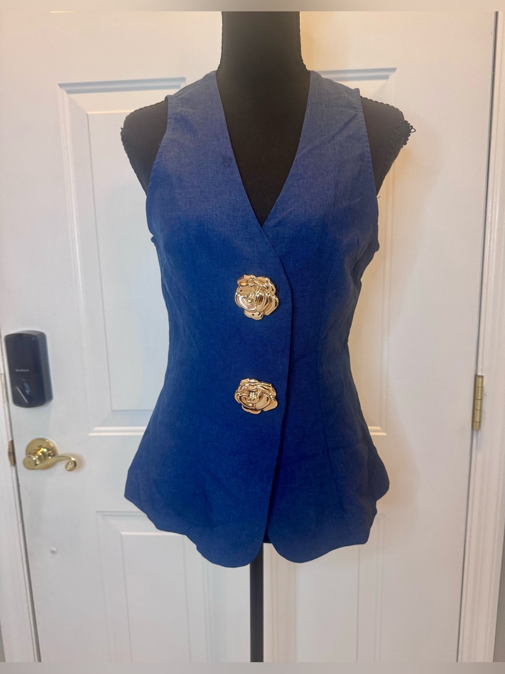 SHEIN Blue Sleeveless Vest with Gold Floral Buttons